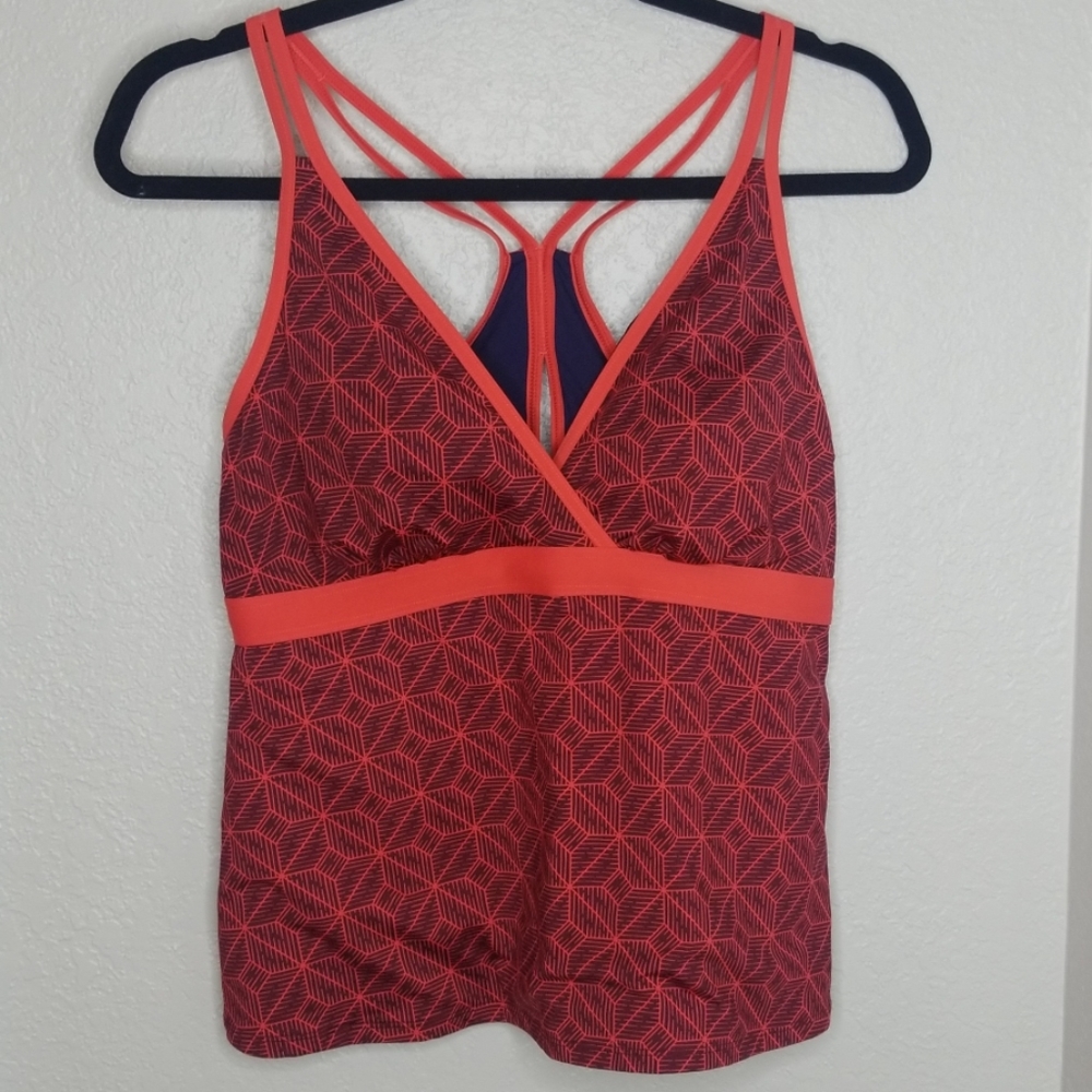 L.L. Bean swim top coral maroon geometric pattern